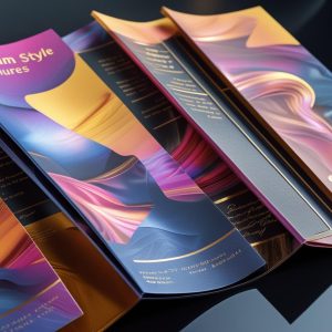 Create A High Quality Premium Style Image Of Bi Fold Brochures With Eye Catching Visual Effects Rich Details And A Professional Finish That Highlights The Products Elegance And Appeal