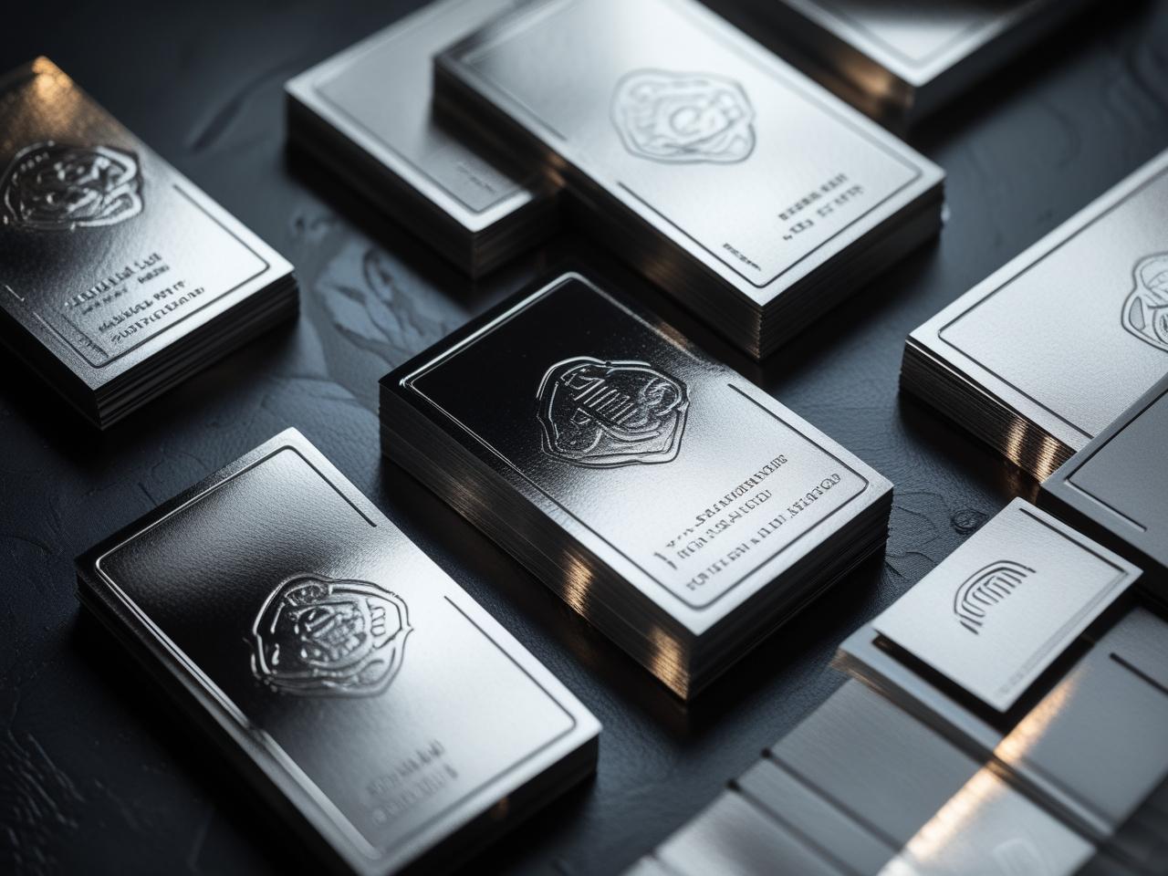 Create A High Quality Premium Style Image Of Silver Foil Business Cards With Eye Catching Visual Effects Rich Details And A Professional Finish That Highlights The Products Elegance And Appeal 1 1